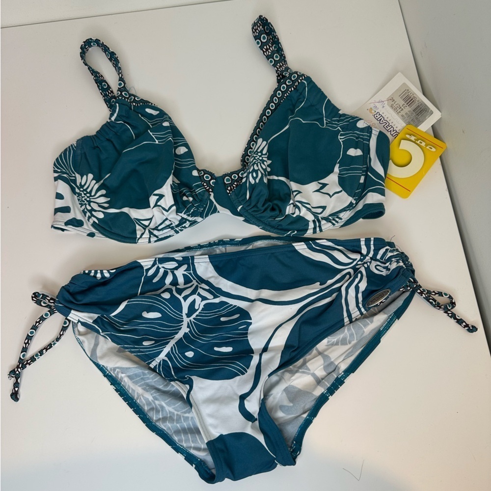 Nwt Sunflair Tropical Floral Bikini Set Teal Blue Underwire C Cup women’s sz 14